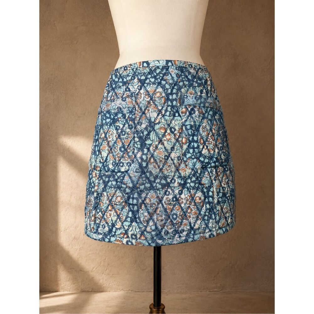 Free People Size 10 Darla Quilted Mini Skirt Blue Floral Cotton Pockets